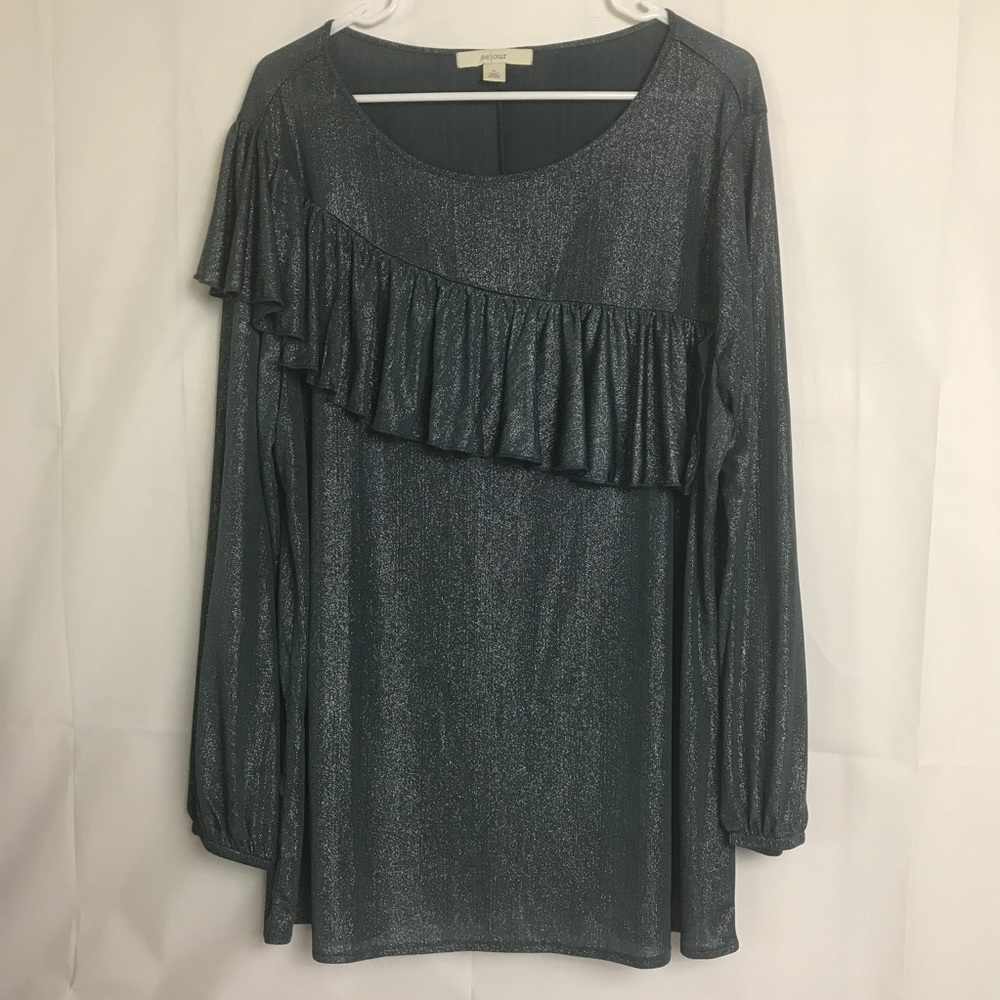 Nordstrom Sejour Blouse 1X Blue Metallic Ruffle